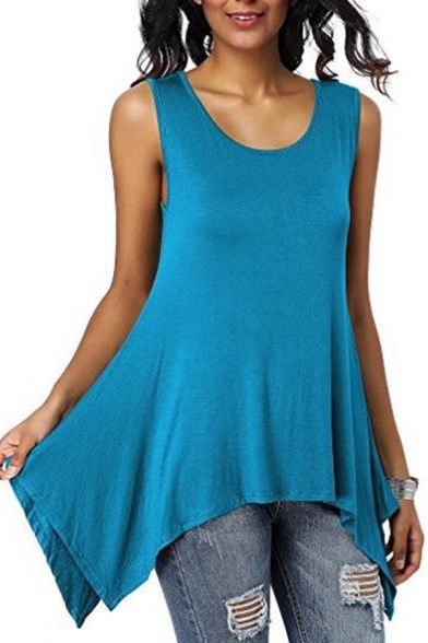 Summer New Trendy Women's Basic Solid Color Round Neck Sleeveless Casual Loose Asymmetrical Tank Top