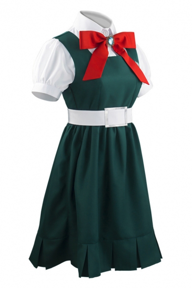 Unique Bow Tied Short Mid Pleated Dress Belted Long Socks Green Set for Girls