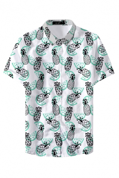 Vintage Mens Shirt Pineapple Pomegranate Orange Watermelon Coconut Avocado Pattern Button-down Short Sleeve Spread Collar Slim Fitted Shirt