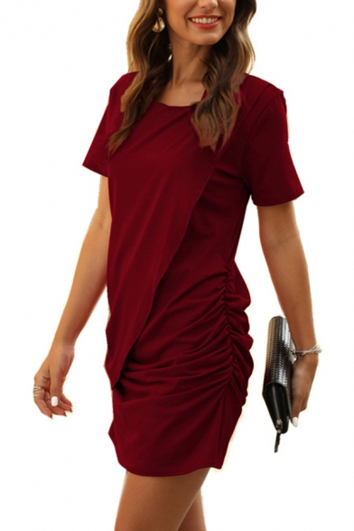Womens Summer Daily Solid Color Ruched Patchwork Round Neck Short Sleeve Short A-line Dress