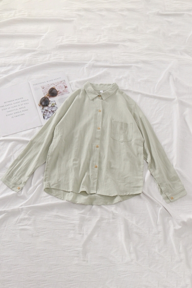 Basic Simple Plain Long Sleeve One Pocket Linen Button Down Shirt