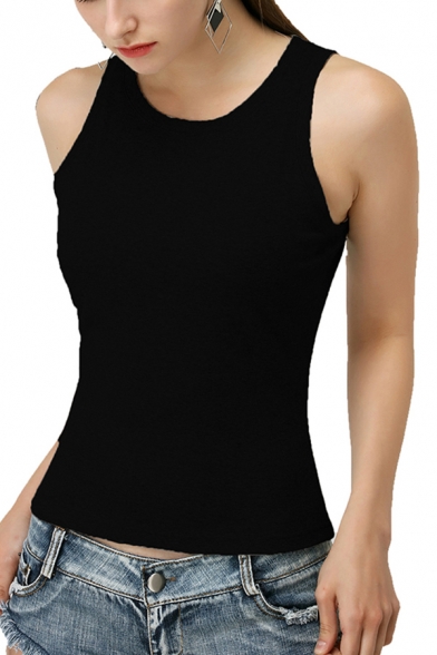 Casual Girls Solid Color Sleeveless Round Neck Slim Fit Tank Top