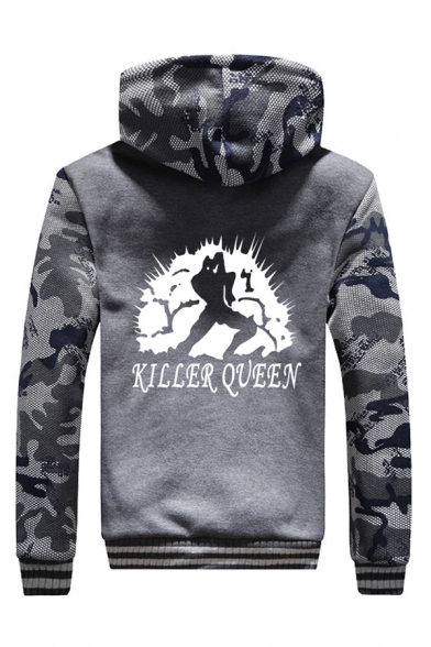 Casual Mens Letter Killer Queen Camo Graphic Contrasted Long Sleeve Zipper Front Relaxed Sherpa Liner Jacket