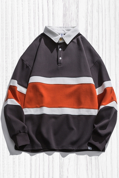 Casual Mens Polo Shirt Color Block Stripe Pattern Contrast Trim Button Long Sleeve Regular Fit Spread Collar Polo Shirt