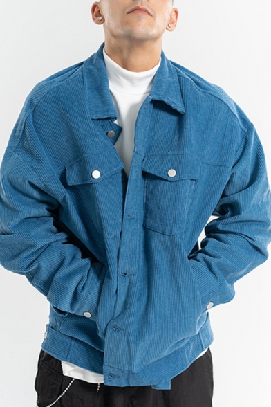 Chic Mens Casual Jacket Plain Corduroy Chest Pockets Drawstring Loose Fit Long Sleeve Casual Jacket
