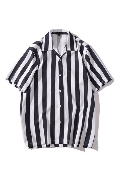 Classic Mens Shirt Vertical Stripe Black White Pattern Button down Loose Fit Short Sleeve Notch Collar Shirt