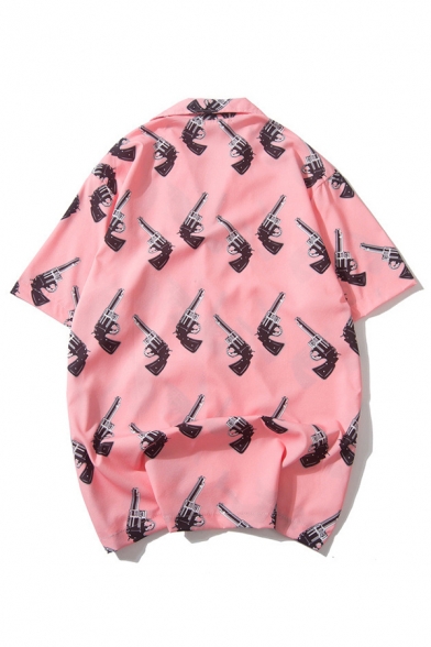 Creative Shirt Guns All over Printed Chest Pocket Button up Relaxed Fit Short Sleeve Notch Collar Shirt for Men