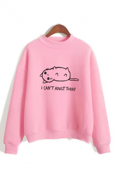 Cute Cat Print Mock Neck Pink Long Sleeve Casual Pullover Sweatshirt for Girl