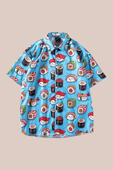 Fashion Mens Shirt Cartoon Sushi Face Pattern Button up Short Sleeve Loose Fit Spread Collar Shirt