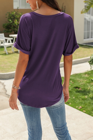 Fashion Womens Solid Color Pleated Roll Up Short Sleeve V-Neck Regular Fit Tee
