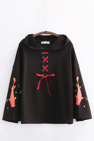 Fish Printed Lace-up Long Sleeve Relaxed Fit Harajuku Hoodie