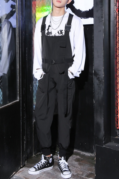 Guys Stylish Buckle Straps Elastic Cuff Loose Casual Cotton Black Workwear Bib Overalls