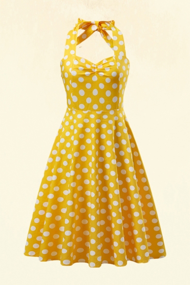 Hepburn Style Girls Polka Dot Print Bow Tied Halter Ruched Mid Pleated A-line Dress in Yellow