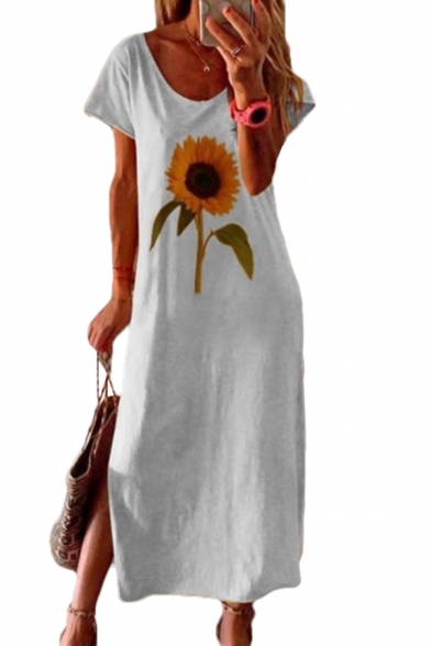 Leisure Sunflower Printed Split Side Scoop Neck Long Sleeve Oversized Maxi T Shirt Dress for Women