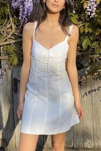 Lovely Girls Sweetheart Neck Button Up Short A-line Tank Dress in White