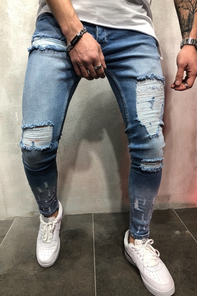 Men's Stylish Simple Plain Knee Cut Light Blue Casual Ripped Skinny Jeans
