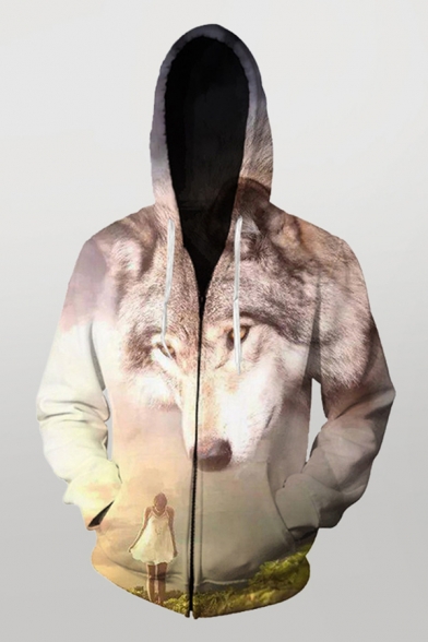 Mens 3D Hooded Sweatshirt Creative Wolf Figure Horse Printed Zipper Fly Cuffed Long Sleeve Slim Fit Hooded Sweatshirt