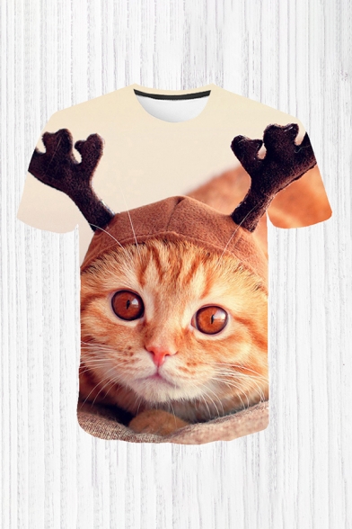 Mens 3D T-Shirt Stylish Cat Antlers Hat Pattern Regular Fitted Round Neck Short Sleeve T-Shirt