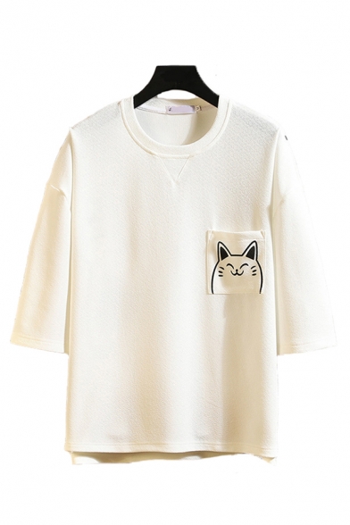 Mens Cute Tee Top Cartoon Cat Printed Chest Pocket Half-sleeved Crew Neck Fitted Tee Top