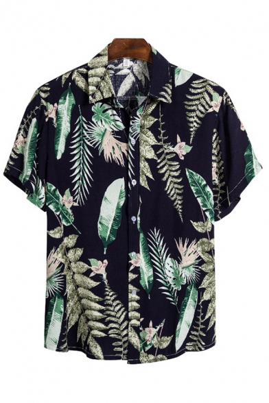 Mens Shirt Stylish Fern Banana Leaf Flower Printed Button up Spread Collar Short Sleeve Regular Fit Shirt