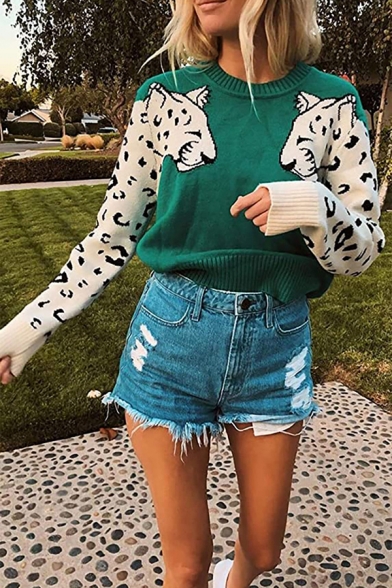 Novelty Girls Leopard Printed Knitted Long Sleeve Crew Neck Relaxed Pullover Sweater