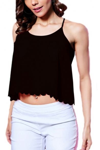 Party Girls Solid Color Spaghetti Straps Scalloped Relaxed Fit Crop Cami Top