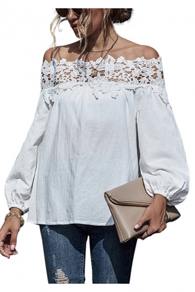 Pretty Hollow Out Lace Patchwork Open Back Off the Shoulder Bishop Long Sleeve Loose T-Shirt for Women