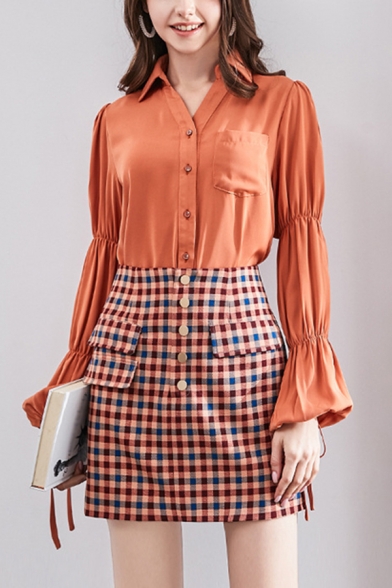 

Pretty Ladies Checkered Printed High Rise Button up Flap Pockets Mini A-line Work Skirt in Orange, LM660462