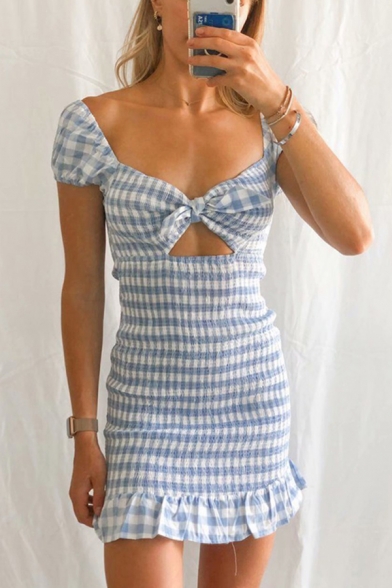 Pretty Womens Checkered Printed Sweetheart Neck Cut Out Tied Pintuck Ruffled Short Sheath Dress in Blue