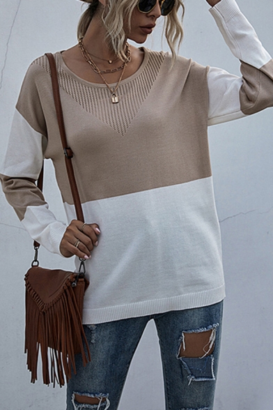 Pretty Womens Colorblock Long Sleeve Round Neck Knit Loose Fit Pullover Sweater in Apricot