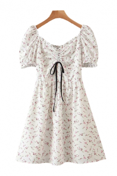 Pretty Womens Ditsy Floral Printed Puff Sleeve Sweetheart Neck Drawstring Pintuck Short A-line Dress in White