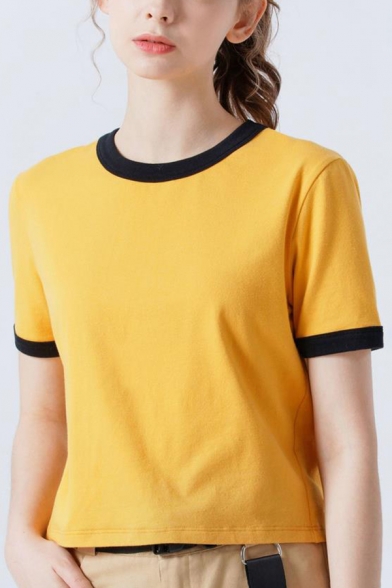 Simple Cute Short Sleeve Crew Neck Contrast Piped Slim Fitted Crop T-Shirt for Womens