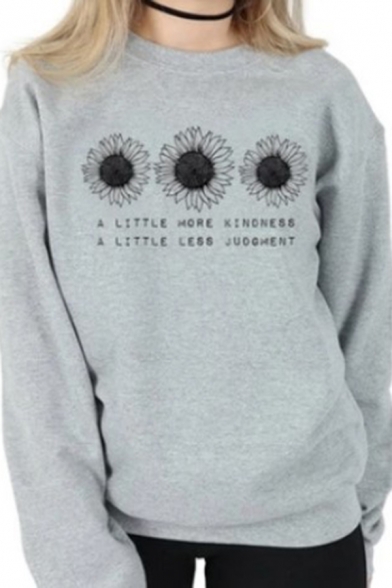 Simple Sunflower Letter A Little More Kindness Graphic Long Sleeve Crew Neck Relaxed Pullover Sweatshirt