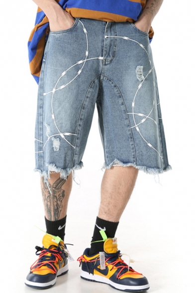 Stylish Mens Jean Shorts Abstract Pattern Light Wash Raw Edge Pocket Zipper Fly Mid Rise Oversize Jean Shorts