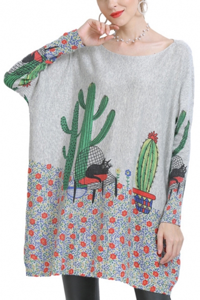 Stylish Womens Cactus Floral Printed Boat Neck Dolman Long Sleeve Loose Tunic Knitwear Top