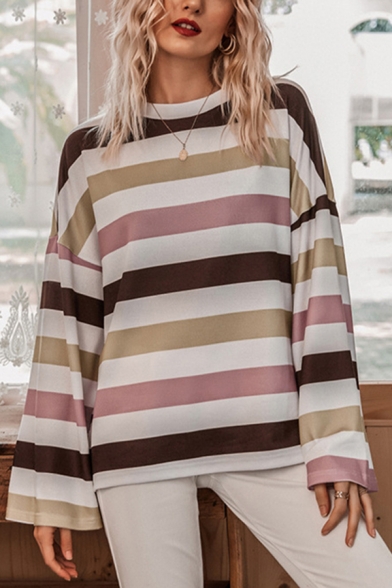 Trendy Colorful Stripe Printed Long Sleeve Crew Neck Loose Fit T Shirt for Women