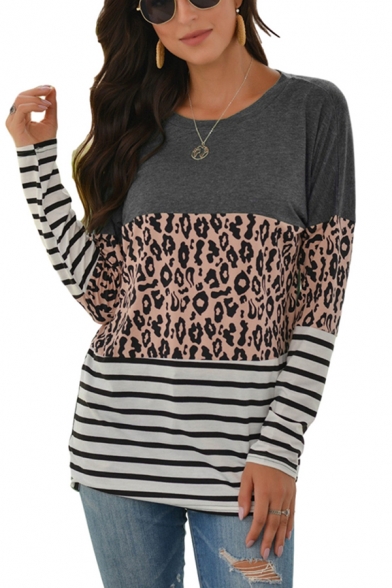 Trendy Womens Leopard Stripe Printed Long Sleeve Round Neck Relaxed T Shirt