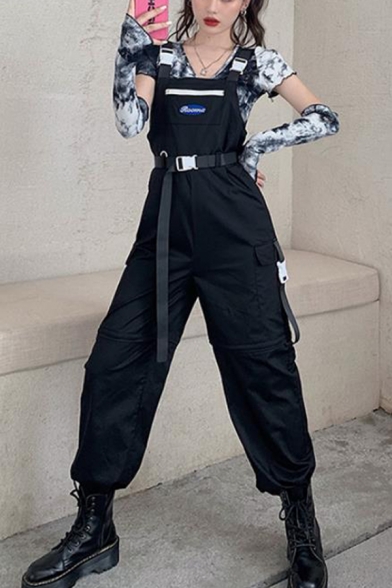 Women's Cool Plain Buckle Patched Elastic Cuffs Overall Pants Jumpsuit