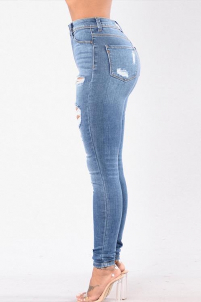 Womens Trendy Light Blue Destroyed Ripped Hole Rolled Cuff Slim Fit Jeans