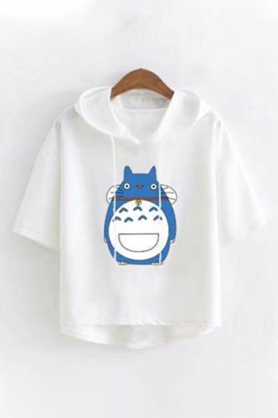Cartoon Totoro Printed Basic Short Sleeve Hooded Relaxed Fit T-Shirt