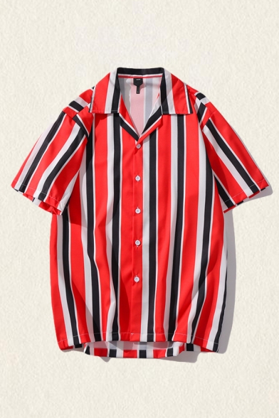 Casual Shirt Vertical Stripe Black Red White Pattern Button up Short Sleeve Notch Collar Relax Fitted Shirt for Men