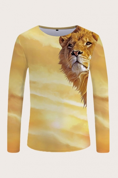 Chic Mens 3D Tee Top Lion Sky Pattern Long Sleeve Round Neck Slim Fitted Tee Top