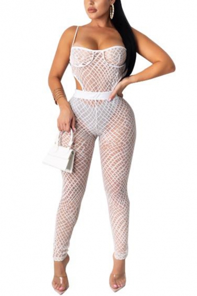 Chic Unique Women's Long Sleeve Crew Neck Hollow Out Semi-Sheer Fishnet Ankle Skinny Jumpsuit in White