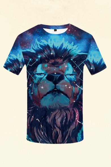 Classic Mens 3D Tee Top Lion Galaxy Pattern Paint Splatter Slim Fitted Short Sleeve Crew Neck Tee Top