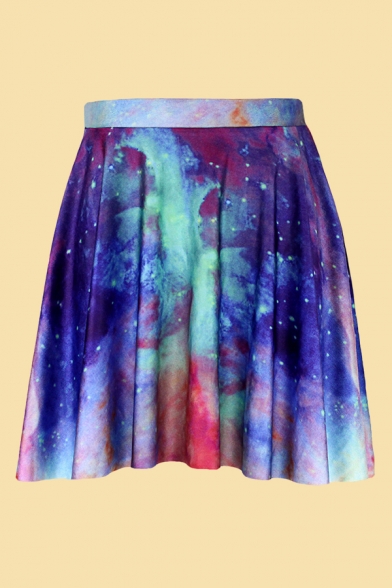 Colorful Womens Skirt Tie-dye Starry Sky 3D Pattern Short Pleated Skirt