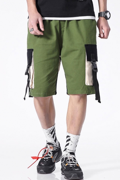 Cool Cargo Shorts Colorblock Flap Pocket Buckle Zipper Fly Button Mid Rise Fitted Cargo Shorts for Men
