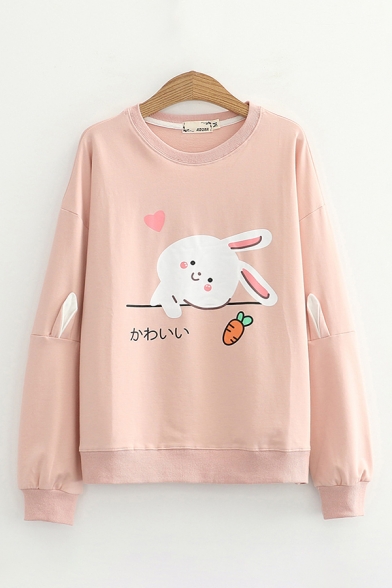 Cute Girls Japanese Letter Rabbit Graphic Long Sleeve Crew Neck Loose Fit Pullover Sweatshirt