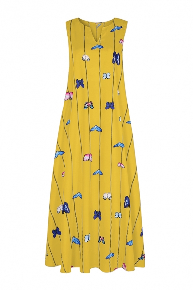 Elegant Womens Butterfly Lined Printed Pockets Side Notched Neck Sleeveless Relaxed Fit Long Swing Dress