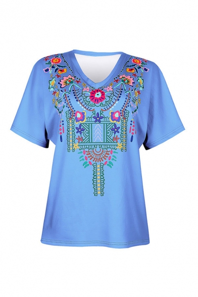 Ethnic Flower Printed Short Sleeve V-neck Relaxed Fit Tee Top for Girls