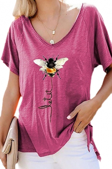 Fancy Bee Graphic Short Sleeve V-neck Loose Fit T Shirt for Women